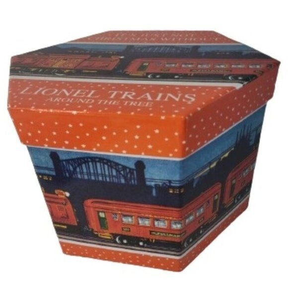 Lionel Trains Christmas Ornaments Set 14 Hexagon Storage Box Orange Blue Design - Picture 2 of 3